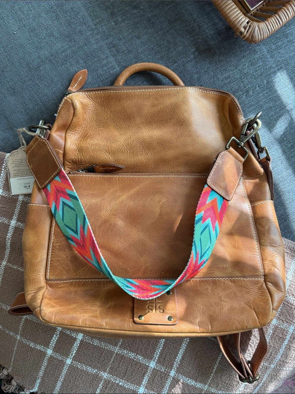 STS “Bliss” Leather Backpack Tote in Tan with Colorful Strap